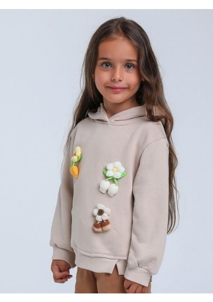 Kız Çocuk Çiçek Örgü Detaylı Kapüşonlu Sweatshirt