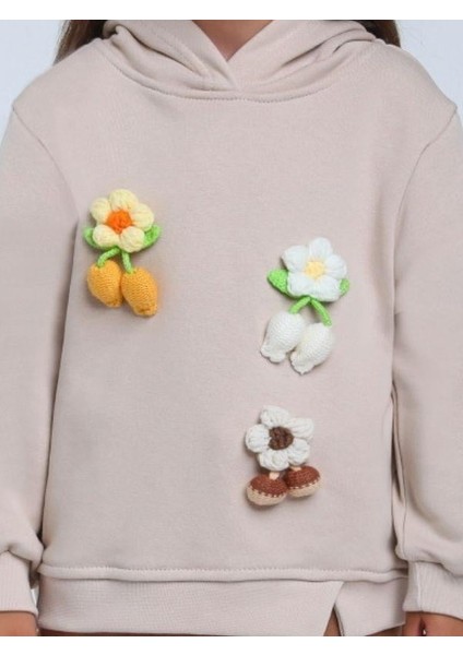 Kız Çocuk Çiçek Örgü Detaylı Kapüşonlu Sweatshirt