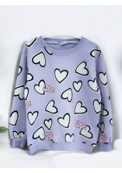 Kız Çocuk Kalp Desenli Pamuklu Sweatshirt