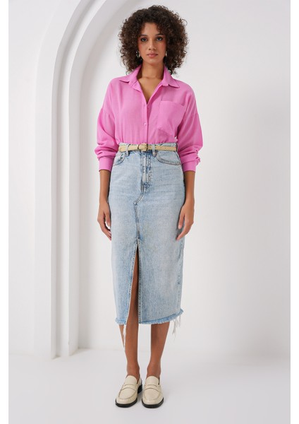 20153 Tek Cepli Oversize Keten Gömlek - Pembe modelleri