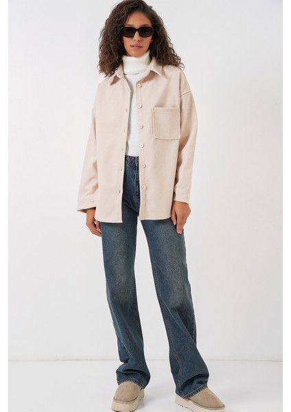 20273 Tek Cepli Düğmeli Kaşe Gömlek - Krem fiyatları