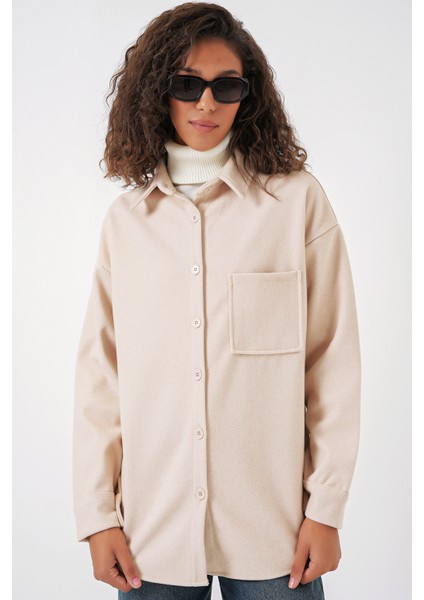 20273 Tek Cepli Düğmeli Kaşe Gömlek - Krem modelleri