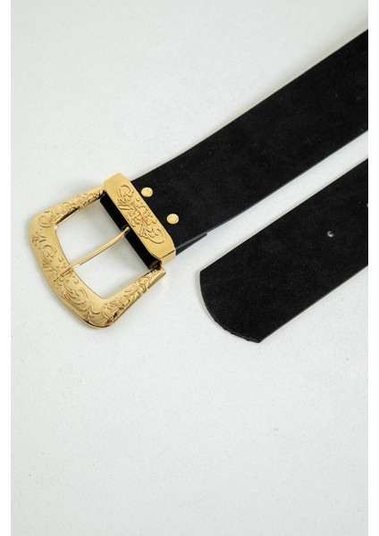 Işleme Detay Süet Kadın Kemer-Siyah