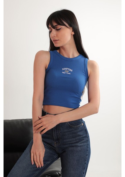 Kaşkorse Kumaş Newyork Nakışlı Kadın Crop-Saks