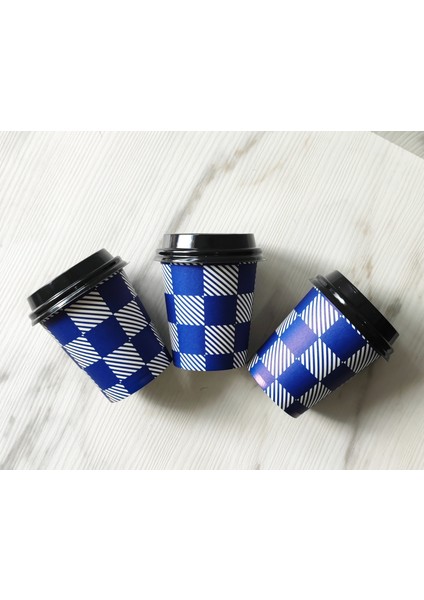 7 Oz Karton Bardak 50 Adet Mavi Dama Desen + 50 Adet Bardak Kapağı
