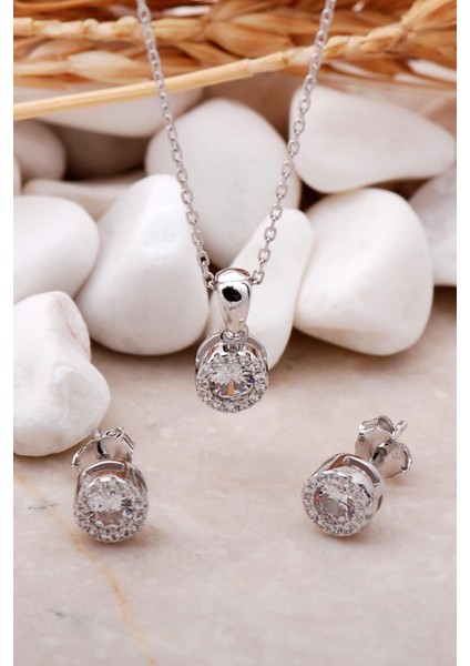 6 mm Elmas Montür Rodyumlu Mini Gümüş Ikili Set 2365