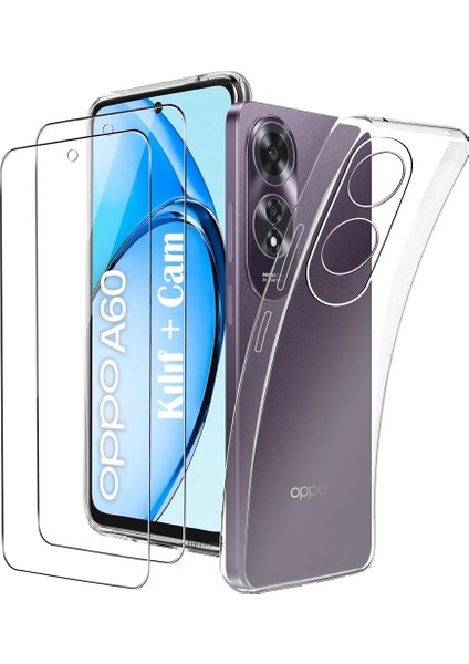 Oppo A60 Kılıf Kamera Çıkıntılı Yumuşak Şeffaf Silikon + 9h Ekran Koruyucu Cam Set 2in1