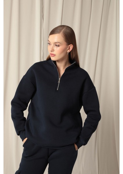 Üç Iplik Dik Yaka Yarım Fermuarlı Kadın Lacivert Sweat modelleri