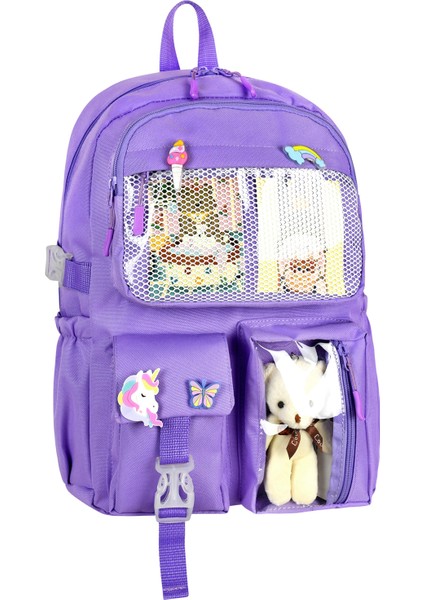5 Cepli Kawaii Kore Tarzı Okul Çantası Aksesuarlı Kız Çocuk Erkek Çocuk Sırt Çantası