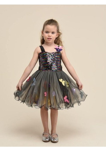 Kız Çocuk Pul Işlemeli Tül Detaylı Kelebek Tasarımlı Abiye Elbise modelleri