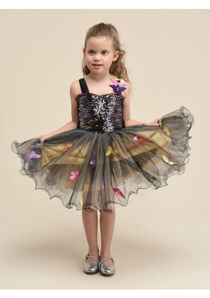 Kız Çocuk Pul Işlemeli Tül Detaylı Kelebek Tasarımlı Abiye Elbise indirimleri