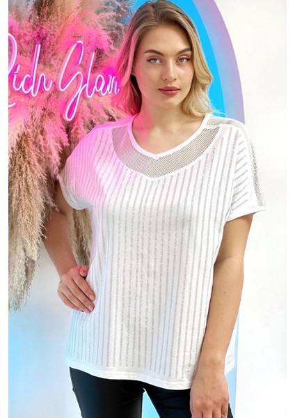 Rahat Kalıp File Detaylı Büyük Beden Crystal Taş Baskılı Pamuk Kadın T-Shirt