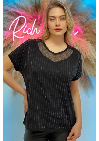 Rahat Kalıp File Detaylı Büyük Beden Crystal Taş Baskılı Pamuk Kadın T-Shirt