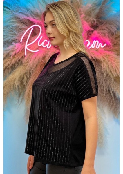 Rahat Kalıp File Detaylı Büyük Beden Crystal Taş Baskılı Pamuk Kadın T-Shirt modelleri