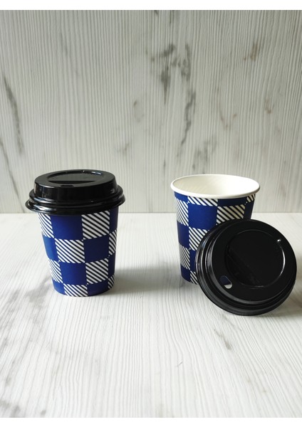 7 Oz Karton Bardak 50 Adet Mavi Dama Desen + 50 Adet Bardak Kapağı