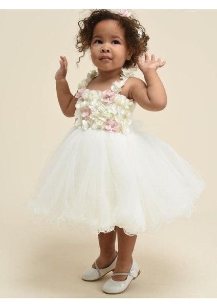 Kız Çocuk Tül ve Çiçek Detaylı Tasarım Abiye Elbise