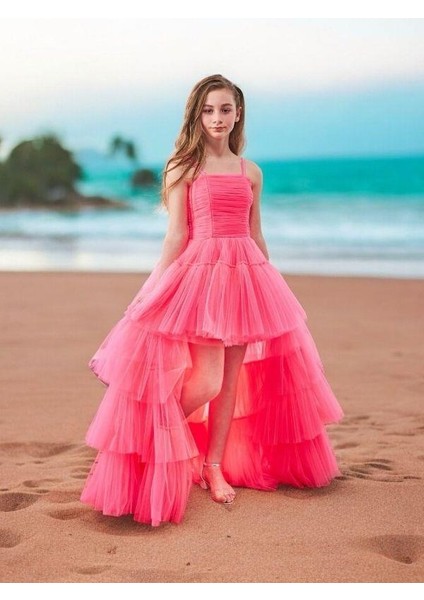 Kız Çocuk Tüllü Önü Kısa Arkası Uzun Kuyruklu Abiye Elbise