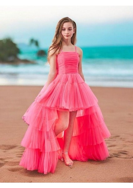 Kız Çocuk Tüllü Önü Kısa Arkası Uzun Kuyruklu Abiye Elbise fiyatları