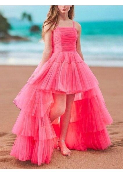 Kız Çocuk Tüllü Önü Kısa Arkası Uzun Kuyruklu Abiye Elbise modelleri