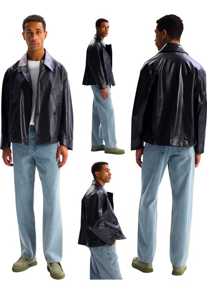 Oversize Kruvaze Siyah Deri Mont
