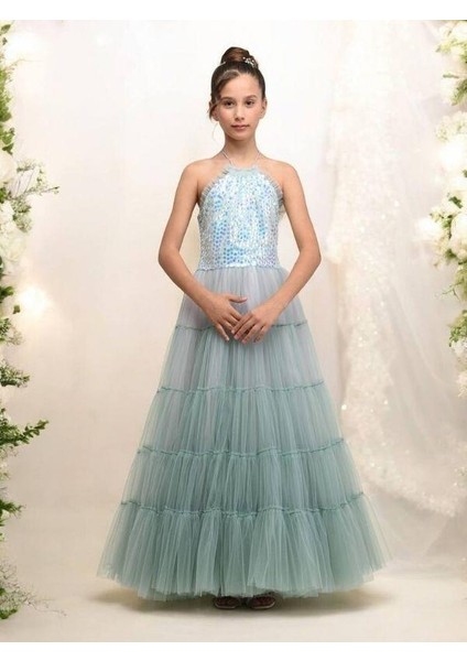 Kız Çocuk Işıltılı Payet Üst ve Zarif Tül Katmanlı Deniz Kızı Abiye Elbise