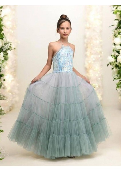 Kız Çocuk Işıltılı Payet Üst ve Zarif Tül Katmanlı Deniz Kızı Abiye Elbise fiyatları