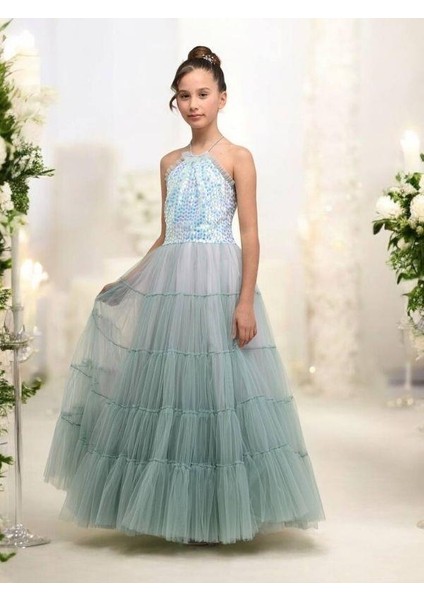 Kız Çocuk Işıltılı Payet Üst ve Zarif Tül Katmanlı Deniz Kızı Abiye Elbise modelleri