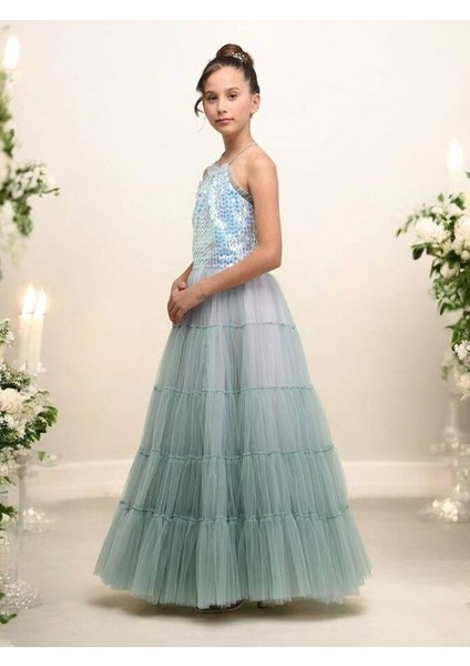 Kız Çocuk Işıltılı Payet Üst ve Zarif Tül Katmanlı Deniz Kızı Abiye Elbise fırsatları