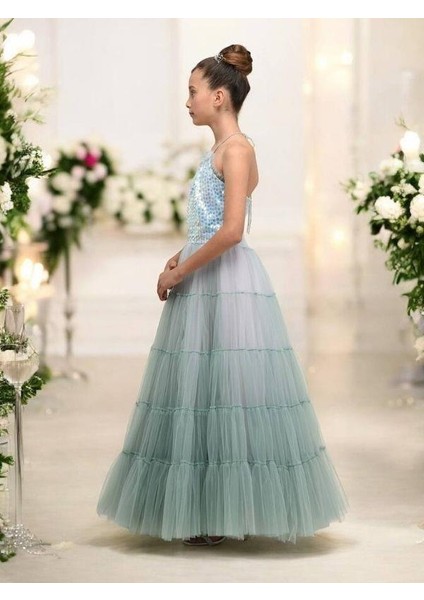 Kız Çocuk Işıltılı Payet Üst ve Zarif Tül Katmanlı Deniz Kızı Abiye Elbise indirimleri