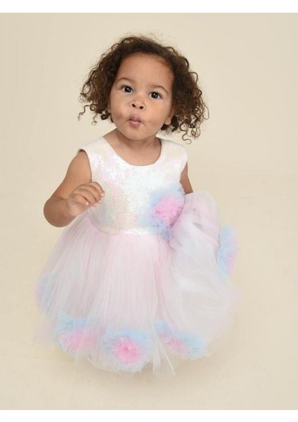 Kız Çocuk Tül ve Çiçek Detaylı Parlak Abiye Elbise modelleri