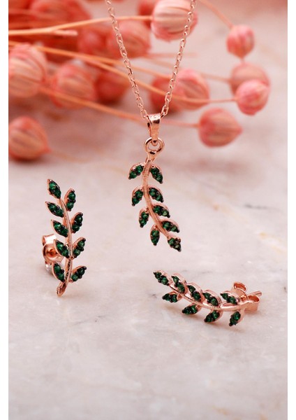Yaprak Tasarım Yeşil Rose Gümüş Ikili Set 2341