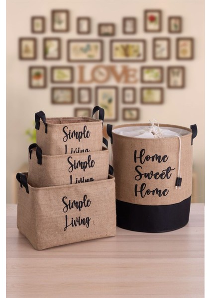 Jüt Home Sweet Home Baskılı Altı Garnili Çamaşı Oyuncak Saklama Sepeti Seti 37 x 40-37 x 27 x 25-30 x 20 x 18