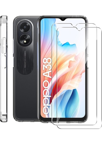Oppo A38 Kılıf Kamera Çıkıntılı Yumuşak Şeffaf Silikon + 9h Ekran Koruyucu Cam Set 2in1