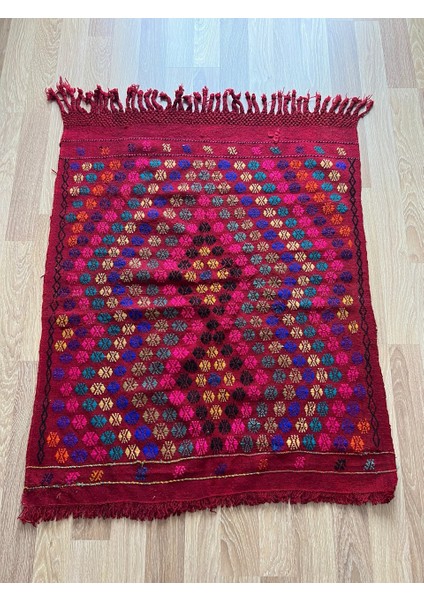 100 x 120 cm El Dokuma Antika Halı, Canlı Renkli, Vintage Geometrik Desenli Kilim, Şık Ev Dekoru