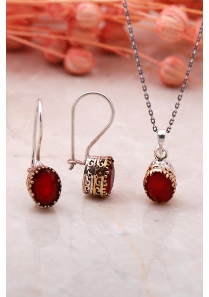 Kök Yakut Elişi Gümüş Ikili Set 2328-OVAL