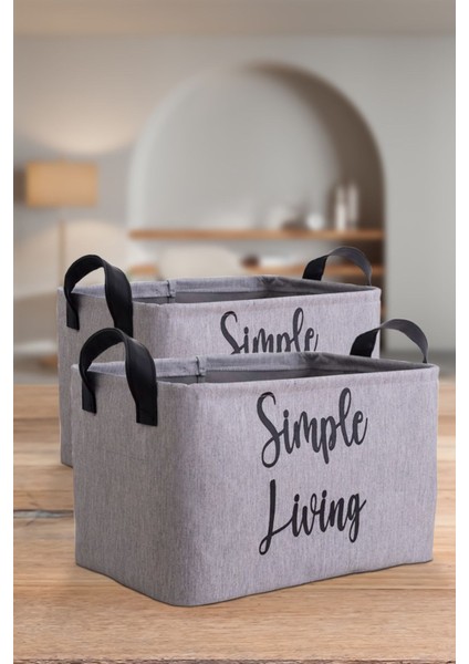 Gri Simple Living Baskılı Orta Boy 2'li Düzenleyici Saklama Sepeti Set 30 x 22 x 18