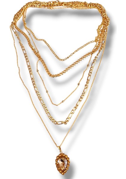 5 Li Set Kristal Kesim Damla Model Kolye Uçlu Altın Kaplama Çoklu Kolye
