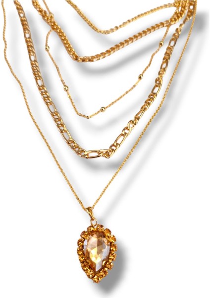 5 Li Set Kristal Kesim Damla Model Kolye Uçlu Altın Kaplama Çoklu Kolye