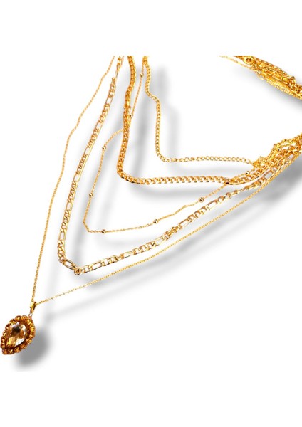 5 Li Set Kristal Kesim Damla Model Kolye Uçlu Altın Kaplama Çoklu Kolye