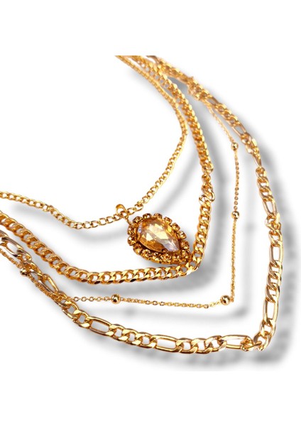 4 Lü Kristal Kesim Damla Uçlu Altın Kaplama Luxury Çoklu Kolye