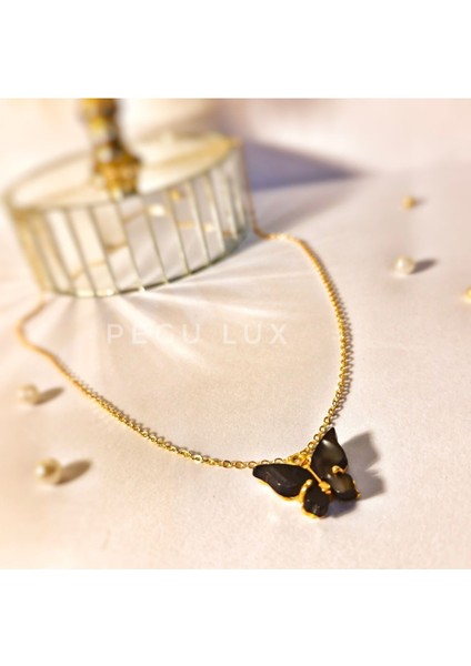 Altın Kaplama Sedefli Kelebek Taş Uçlu 40 cm Zincir Kolye