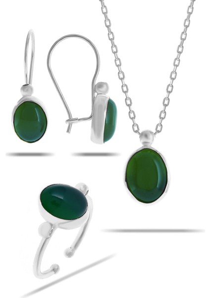 Yeşim Taşlı Rodyumlu Gümüş Set