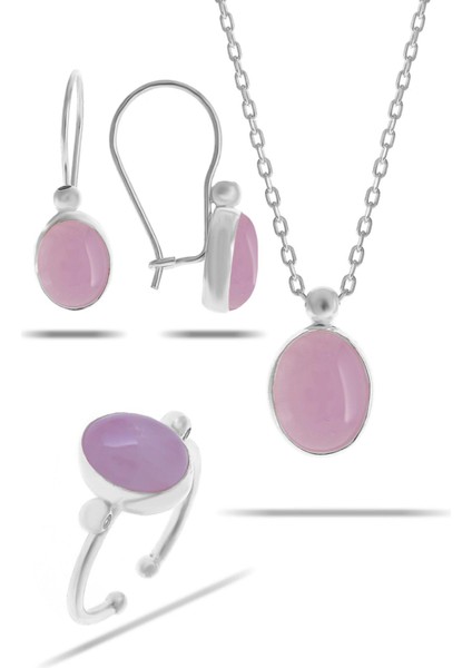Pembe Kuvars Taşlı Rodyumlu Gümüş Set