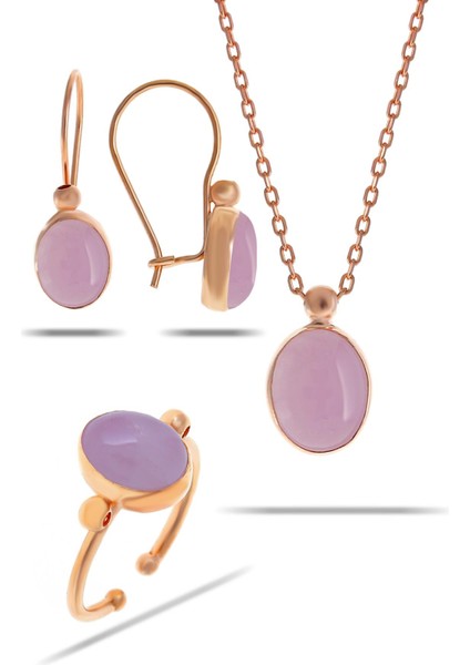 Pembe Kuvars Taşlı Rose Gümüş Set