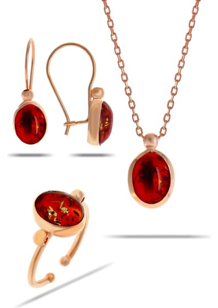 Kehribar Taşlı Rose Gümüş Set