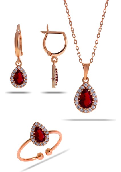 Lal Taşlı Damla Mini Rose Gümüş Set