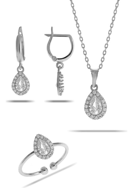 Kuvars Taşlı Damla Mini Rodyumlu Gümüş Set