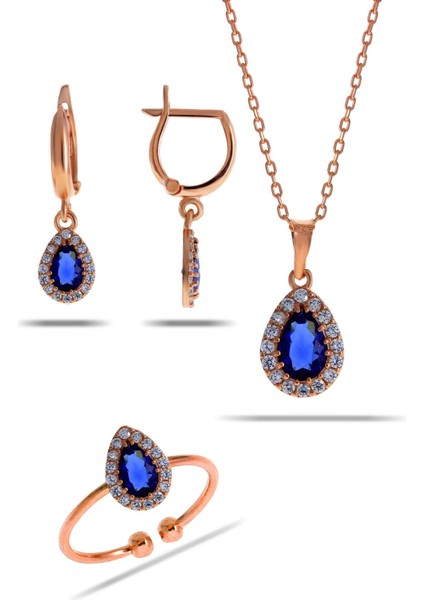 Safir Taşlı Damla Mini Rose Gümüş Set