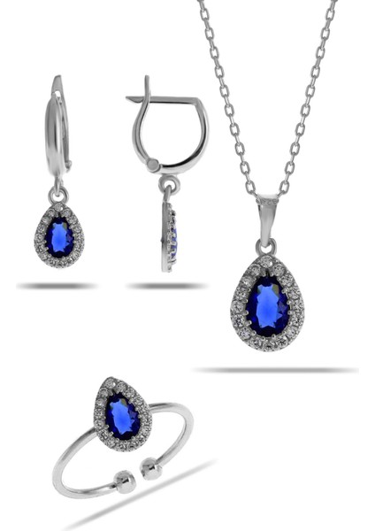 Safir Taşlı Damla Mini Rodyumlu Gümüş Set