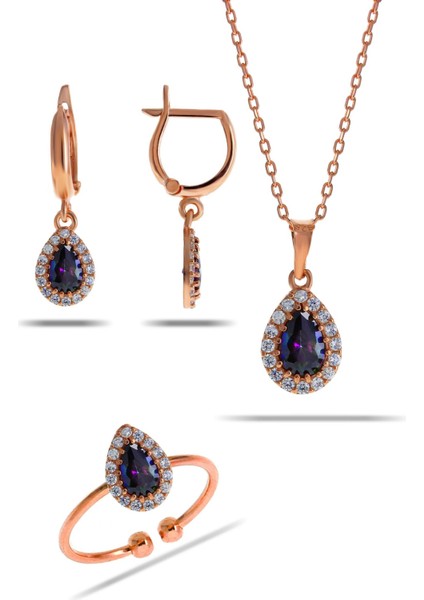 Mistik Topaz Taşlı Damla Mini Rose Gümüş Set 2305